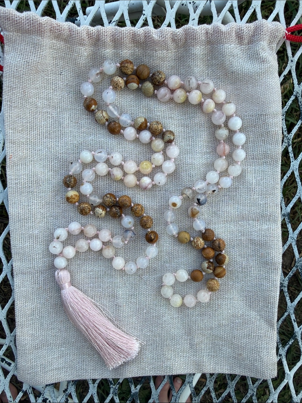 Mala beads knotted Jasper rose quartz, white quartz